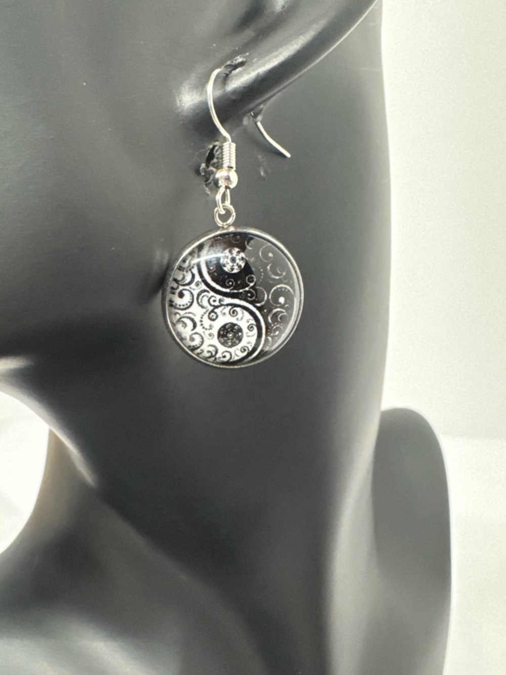 Yin Yang Swirl Drop Earrings - Black and White